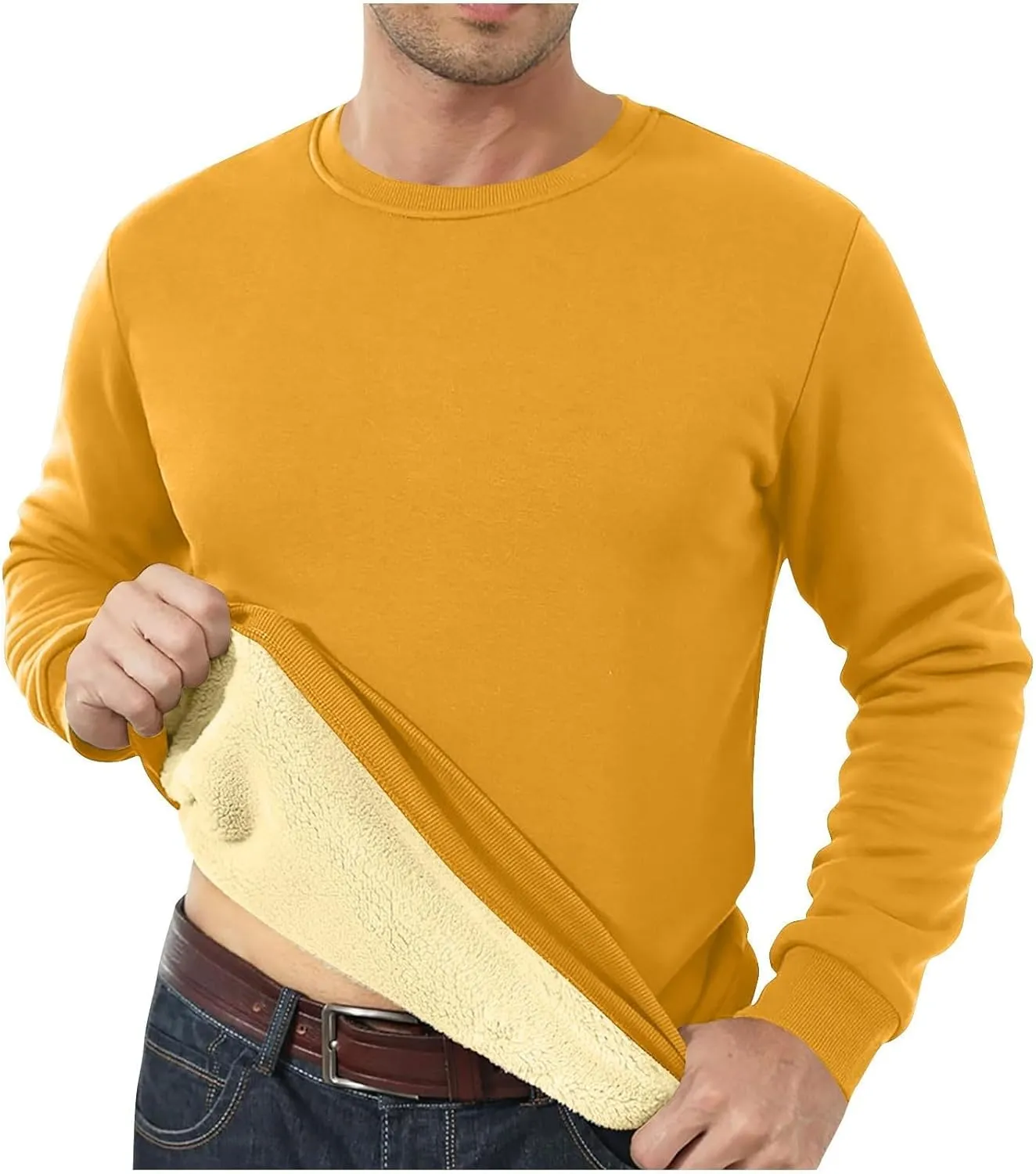 KUIOLYPOER Men's Crewneck Sweatshirt Casual Long Sleeve Solid Fleece Sweatshirt Fall and Winter Warm Sherpa Lined Pullover