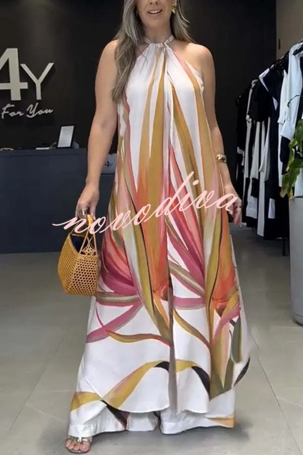 Kyana Unique Print Front Slit Halter Loose Top and Smocked Waist Wide Leg Pants Set