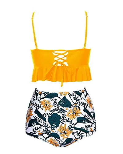Lace-Up High Waisted Two Piece Bikini Sets Tummy Control-Yellow Floral
