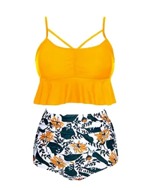 Lace-Up High Waisted Two Piece Bikini Sets Tummy Control-Yellow Floral