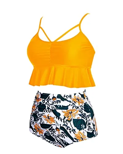 Lace-Up High Waisted Two Piece Bikini Sets Tummy Control-Yellow Floral