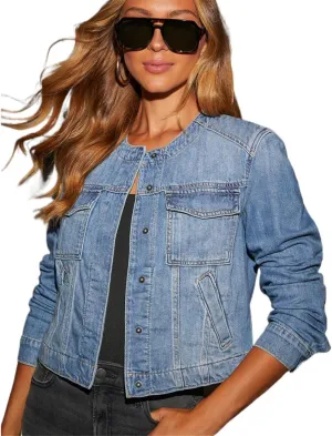 Ladies' Classic Spring and Autumn Denim Jacket with Turn-Down Collar