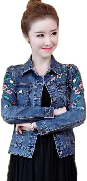 Ladies Embroidered Denim Jacket Large Size Spring Autumn Short Jacket Blue Denim Short Jacket Women