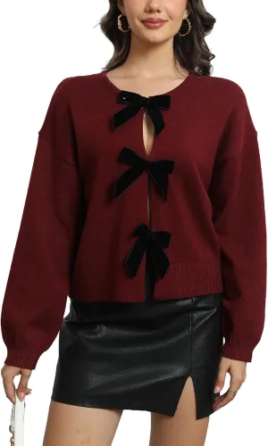 Ladyful Womens Bow Tie Front Cardigan Long Sleeve Cropped Sweater Open Front Trendy Knit Top Coat