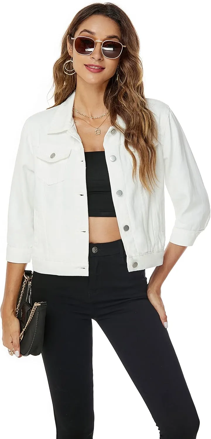 Ladyful Women's Lapel Denim Jacket 3/4 Sleeve Button Down Trucker Moto Jean Coat Outerwear