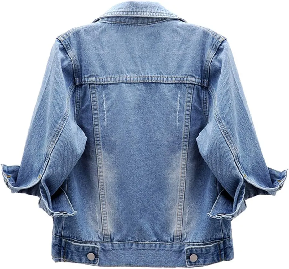 Ladyful Women's Lapel Denim Jacket 3/4 Sleeve Button Down Trucker Moto Jean Coat Outerwear