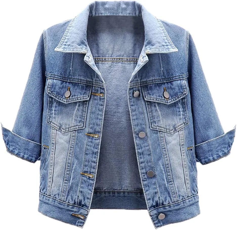 Ladyful Women's Lapel Denim Jacket 3/4 Sleeve Button Down Trucker Moto Jean Coat Outerwear