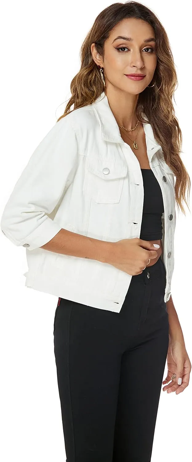 Ladyful Women's Lapel Denim Jacket 3/4 Sleeve Button Down Trucker Moto Jean Coat Outerwear