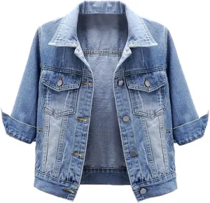 Ladyful Women's Lapel Denim Jacket 3/4 Sleeve Button Down Trucker Moto Jean Coat Outerwear