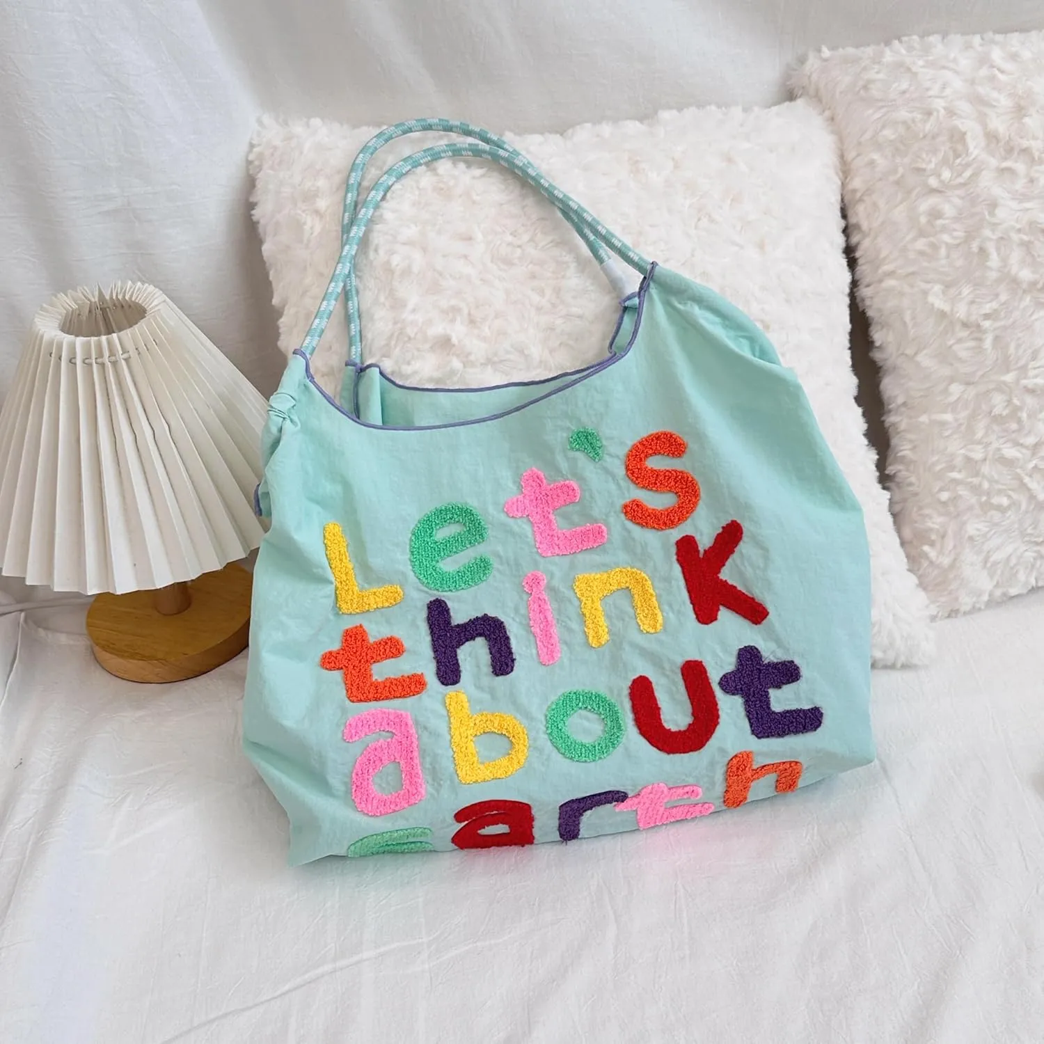 Large Capacity Letter Embroidery Tote Bag Stylish and Versatile Shoulder Bag for Everyday Use Unique Design