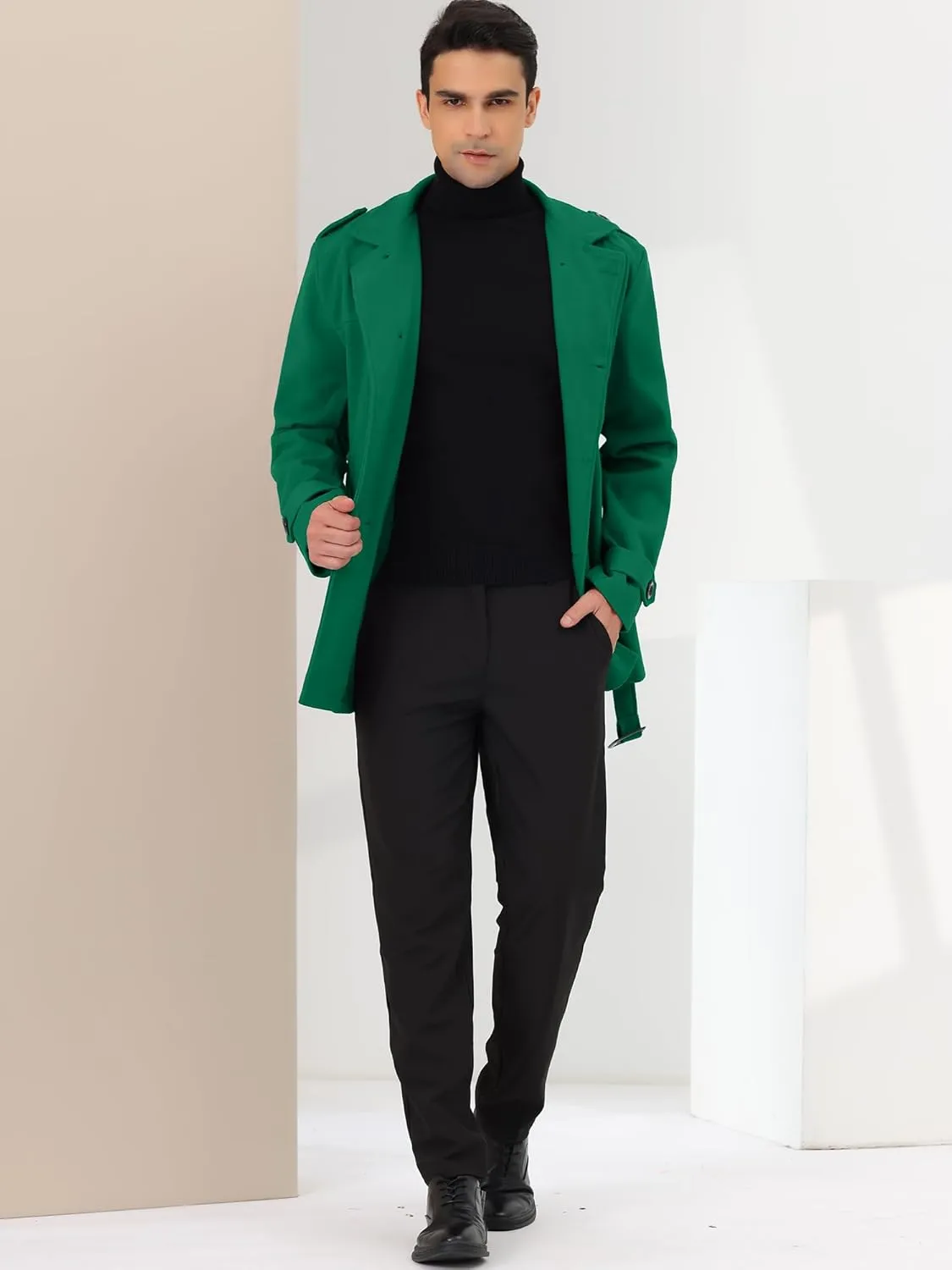 Lars Amadeus Men's Pea Coat Slim Fit Notch Lapel Double Breasted Trench Coat with Belt