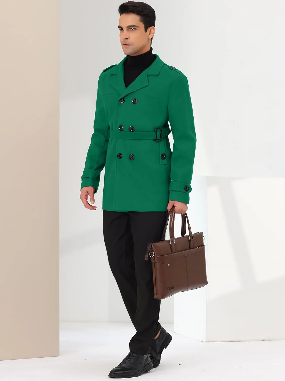 Lars Amadeus Men's Pea Coat Slim Fit Notch Lapel Double Breasted Trench Coat with Belt