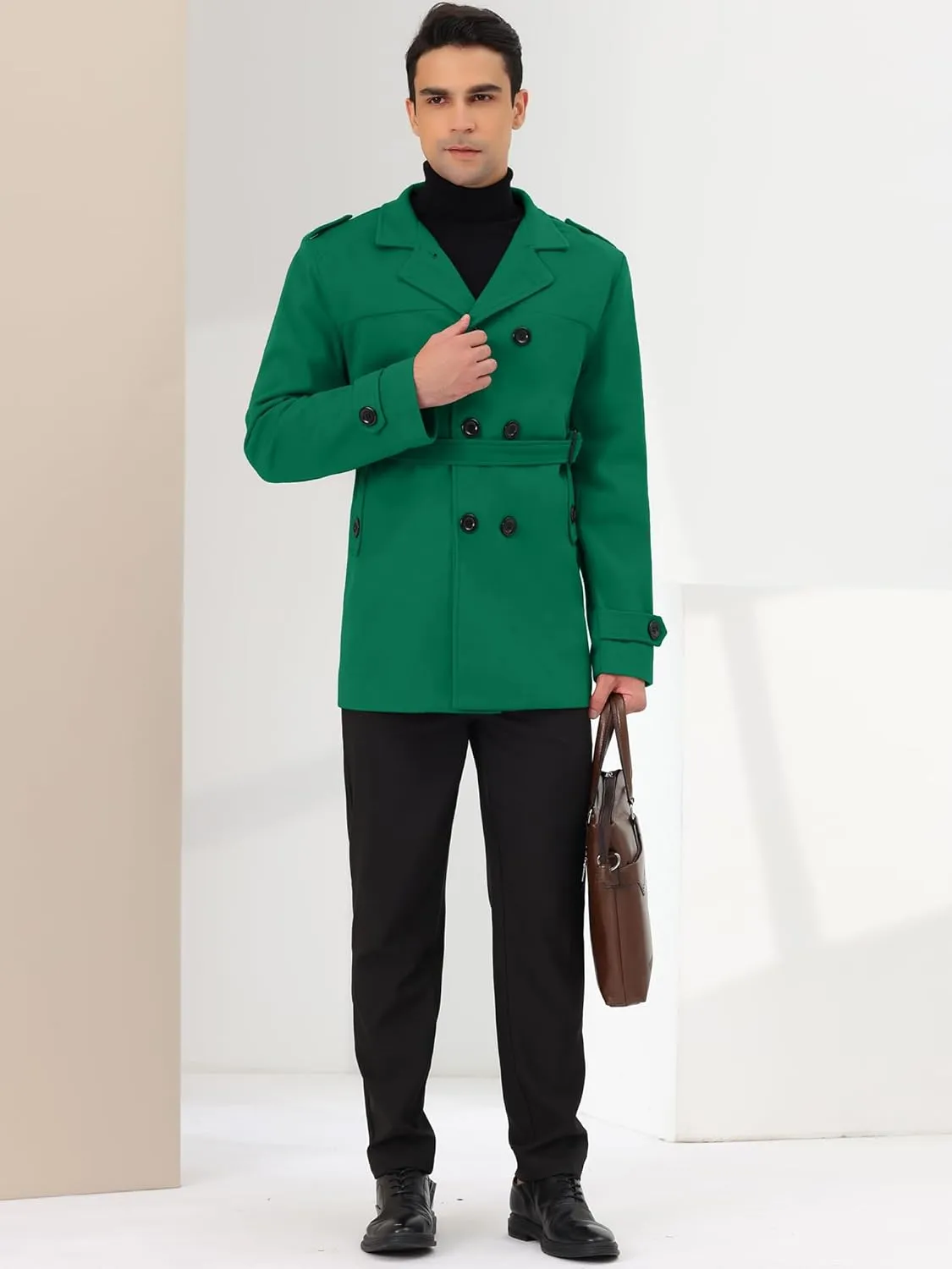 Lars Amadeus Men's Pea Coat Slim Fit Notch Lapel Double Breasted Trench Coat with Belt