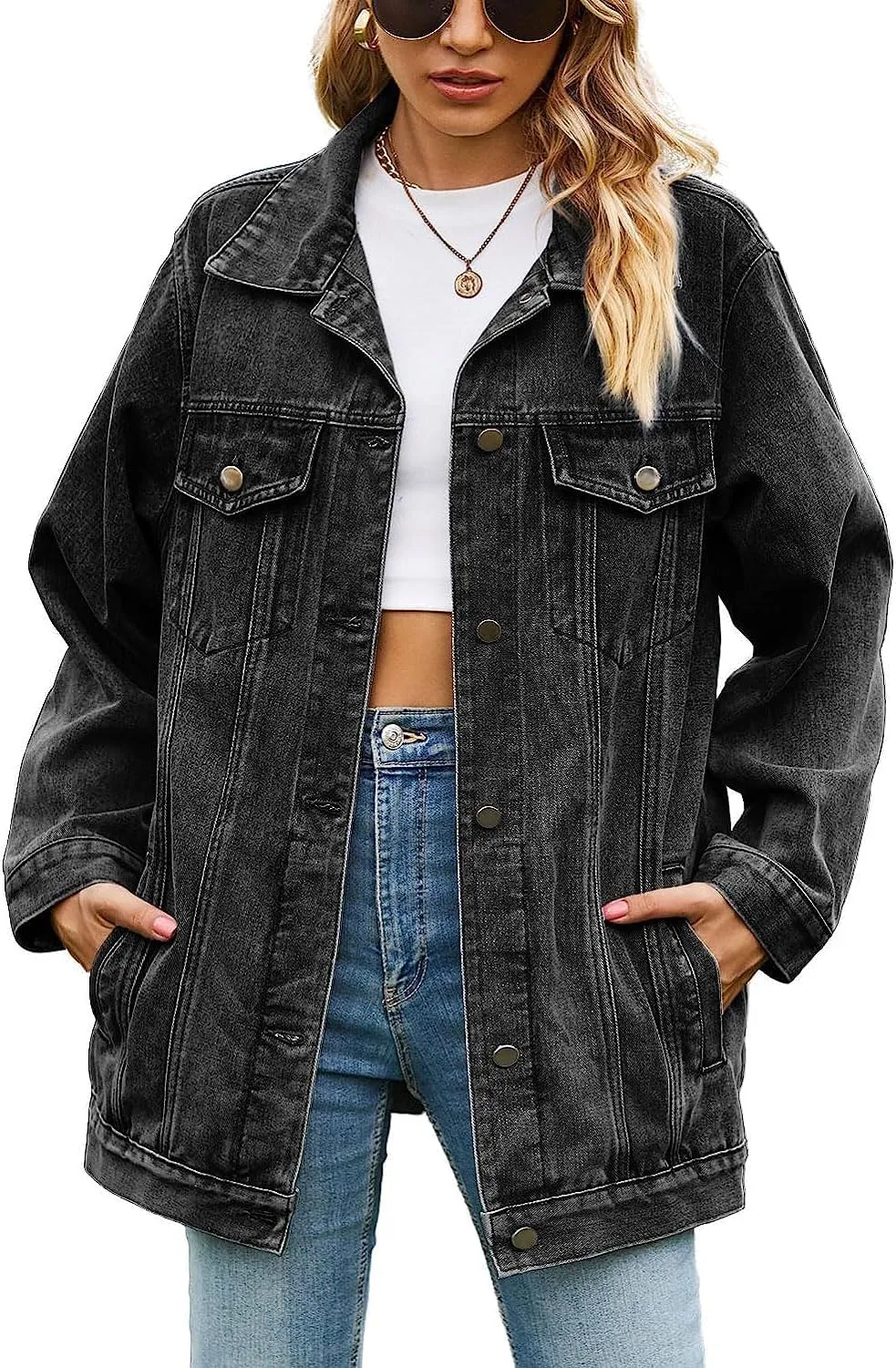 Lazutom Women's Mid Long Oversized Denim Jacket Button Down Boyfriend Jean Biker Coat