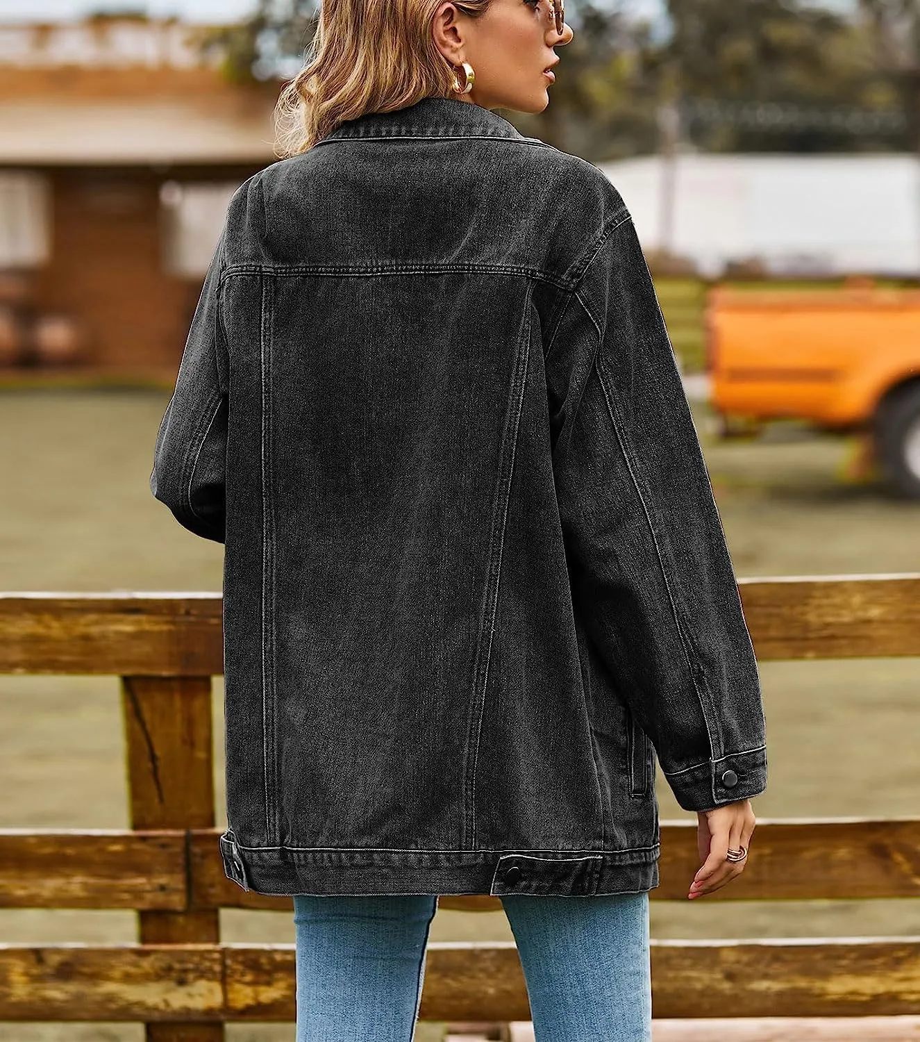 Lazutom Women's Mid Long Oversized Denim Jacket Button Down Boyfriend Jean Biker Coat