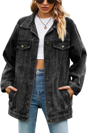 Lazutom Women's Mid Long Oversized Denim Jacket Button Down Boyfriend Jean Biker Coat