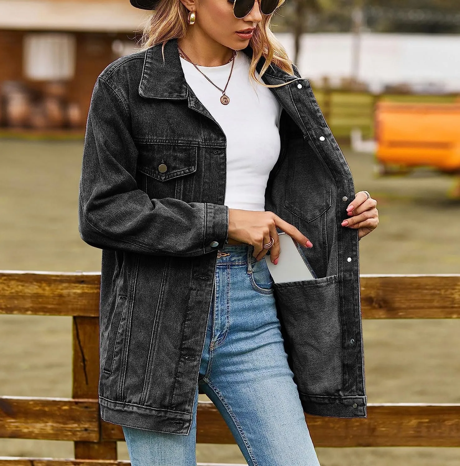 Lazutom Women's Mid Long Oversized Denim Jacket Button Down Boyfriend Jean Biker Coat