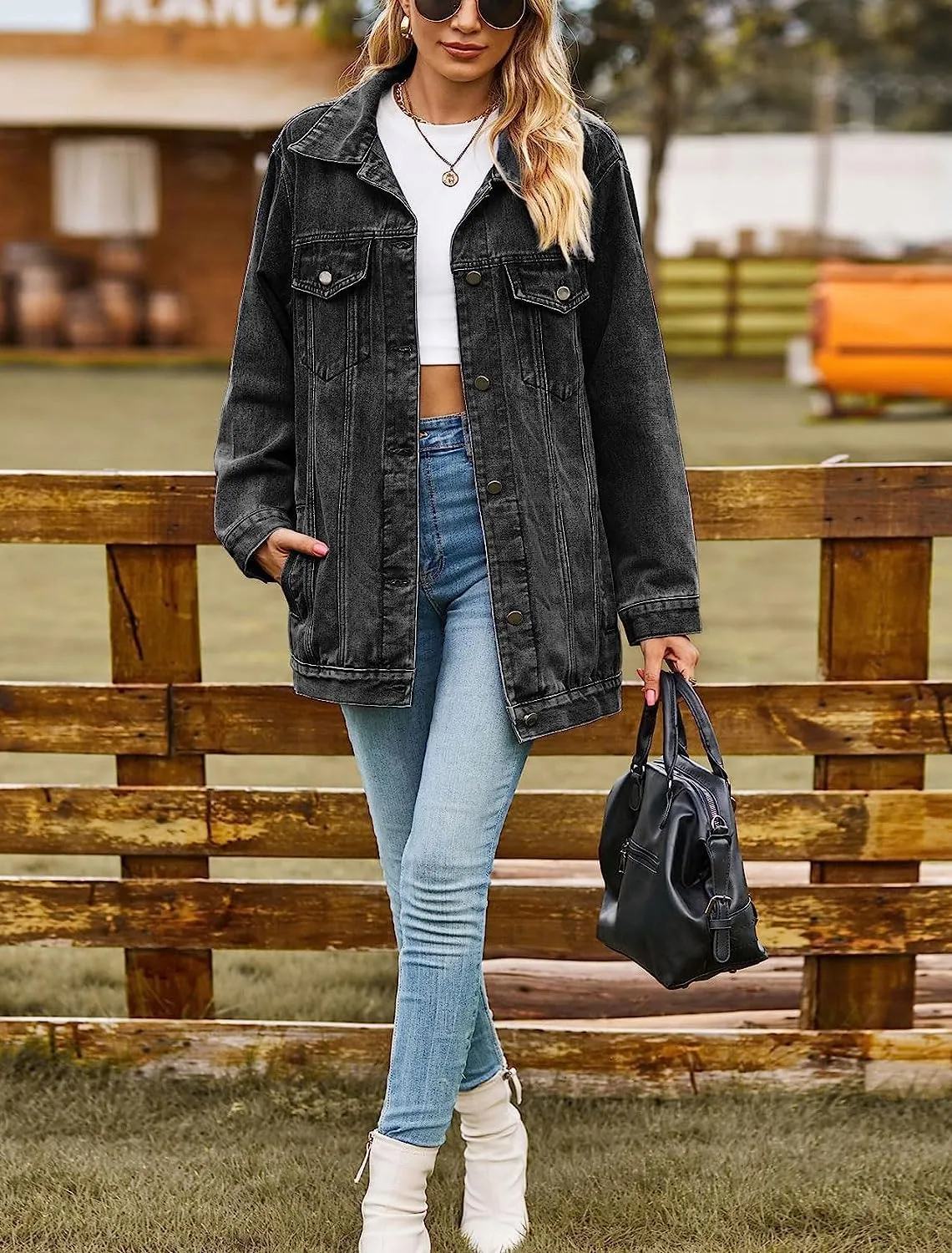 Lazutom Women's Mid Long Oversized Denim Jacket Button Down Boyfriend Jean Biker Coat