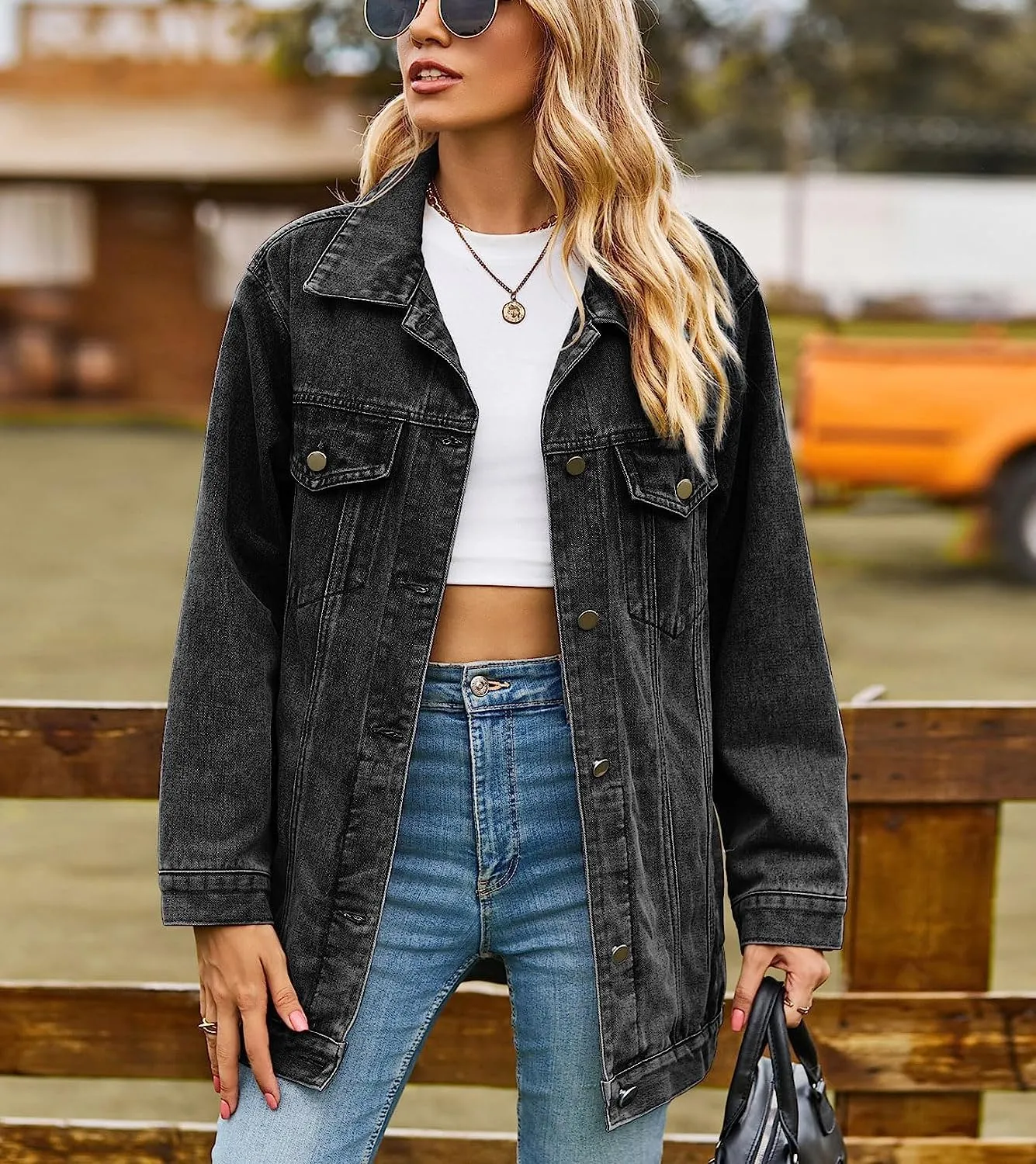 Lazutom Women's Mid Long Oversized Denim Jacket Button Down Boyfriend Jean Biker Coat