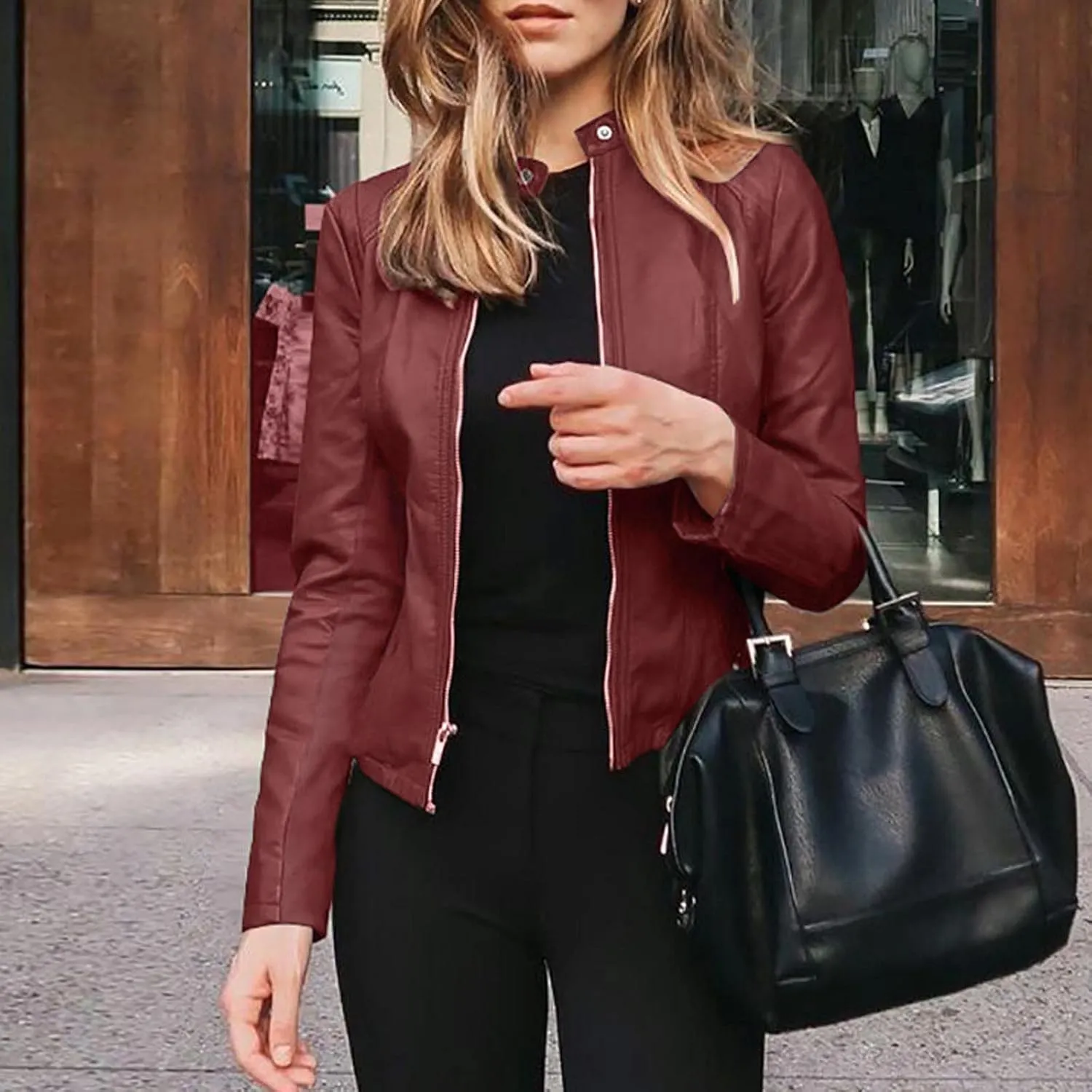 LCMTWX Brown Jacket Women Full Zip Snap Stand Collar Long Sleeve Outwear Cool Slim Jacket Coat for Vacation Daily Biker