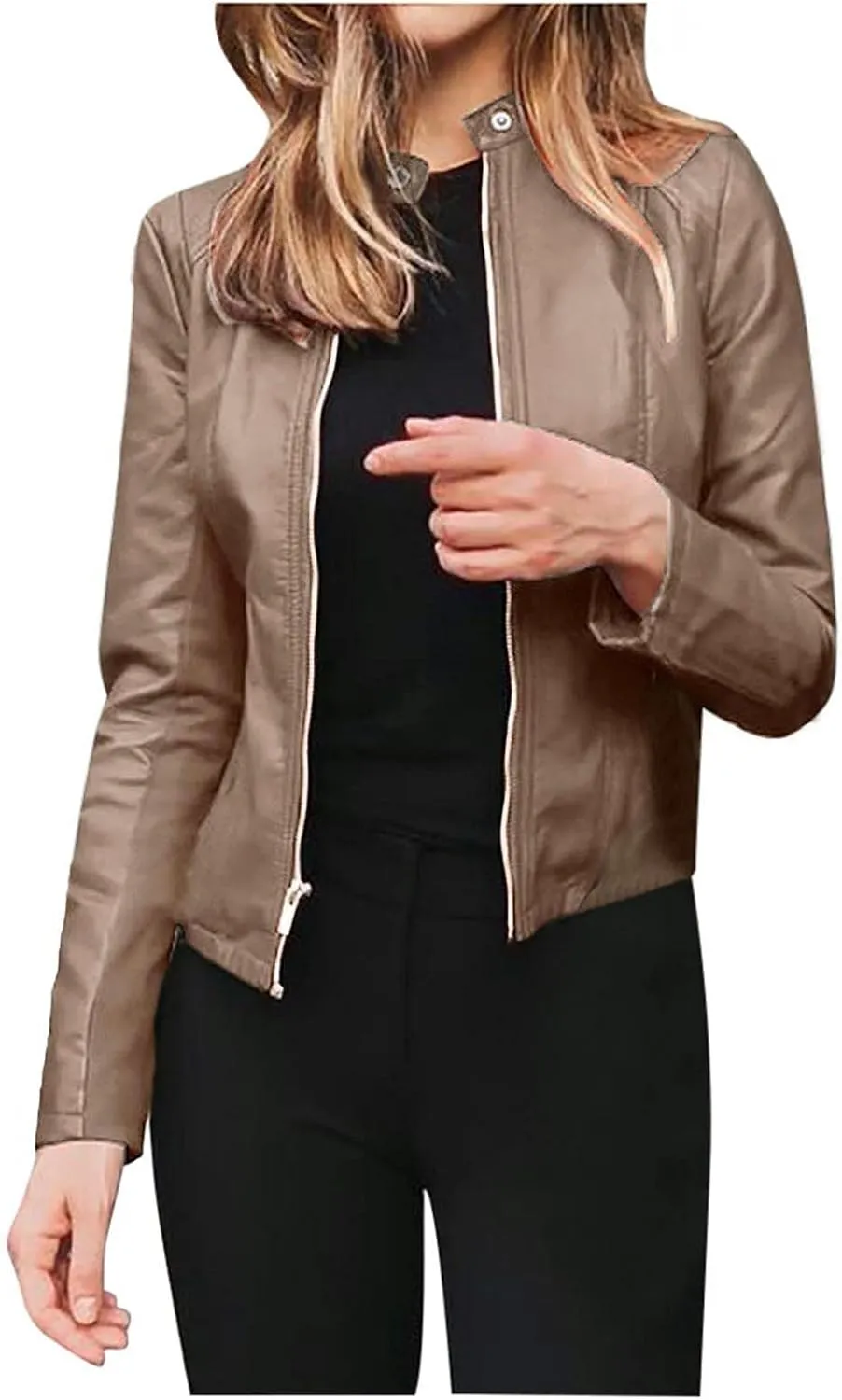 LCMTWX Brown Jacket Women Full Zip Snap Stand Collar Long Sleeve Outwear Cool Slim Jacket Coat for Vacation Daily Biker