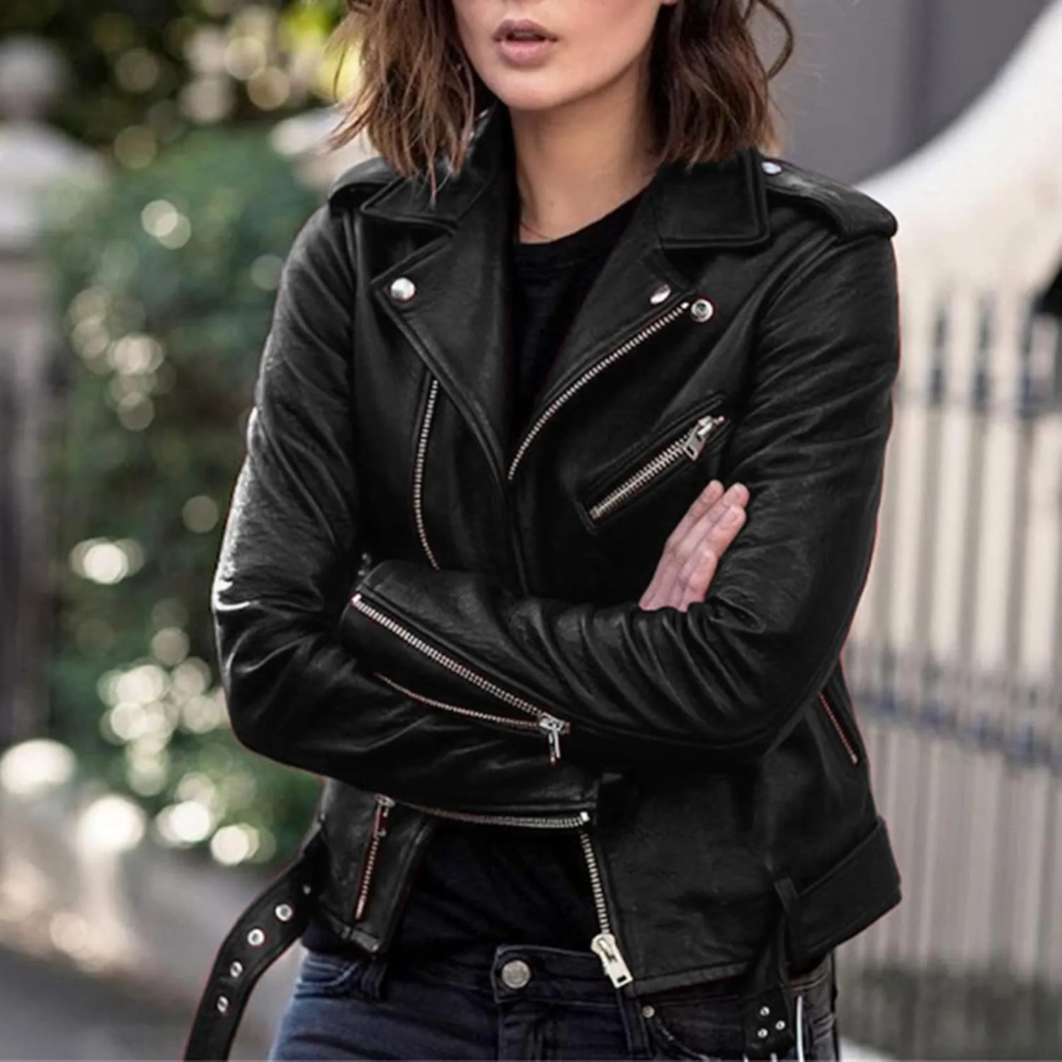 LCMTWX Women Jackets Belt Motorcycle Stand Zip Tops Slim Jacket Coat Collar Leather Women's Coat Jacket Women Womens