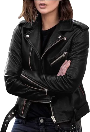 LCMTWX Women Jackets Belt Motorcycle Stand Zip Tops Slim Jacket Coat Collar Leather Women's Coat Jacket Women Womens