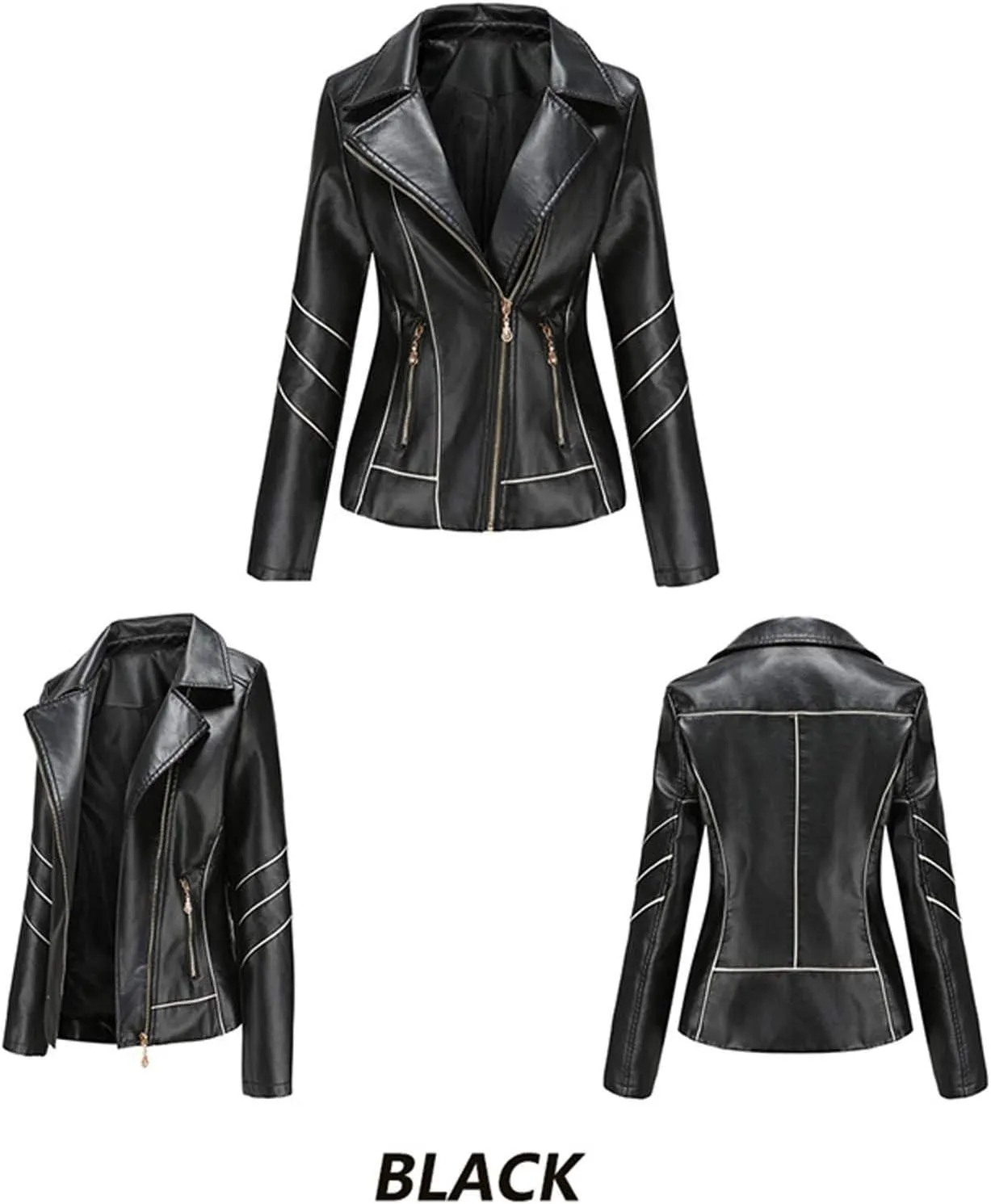 LCMTWX Womens Faux Leather Zip Up Moto Biker Jacket Long Sleeve Outwear Cool Slim Jacket Coat for Vacation Slim Lapel Women