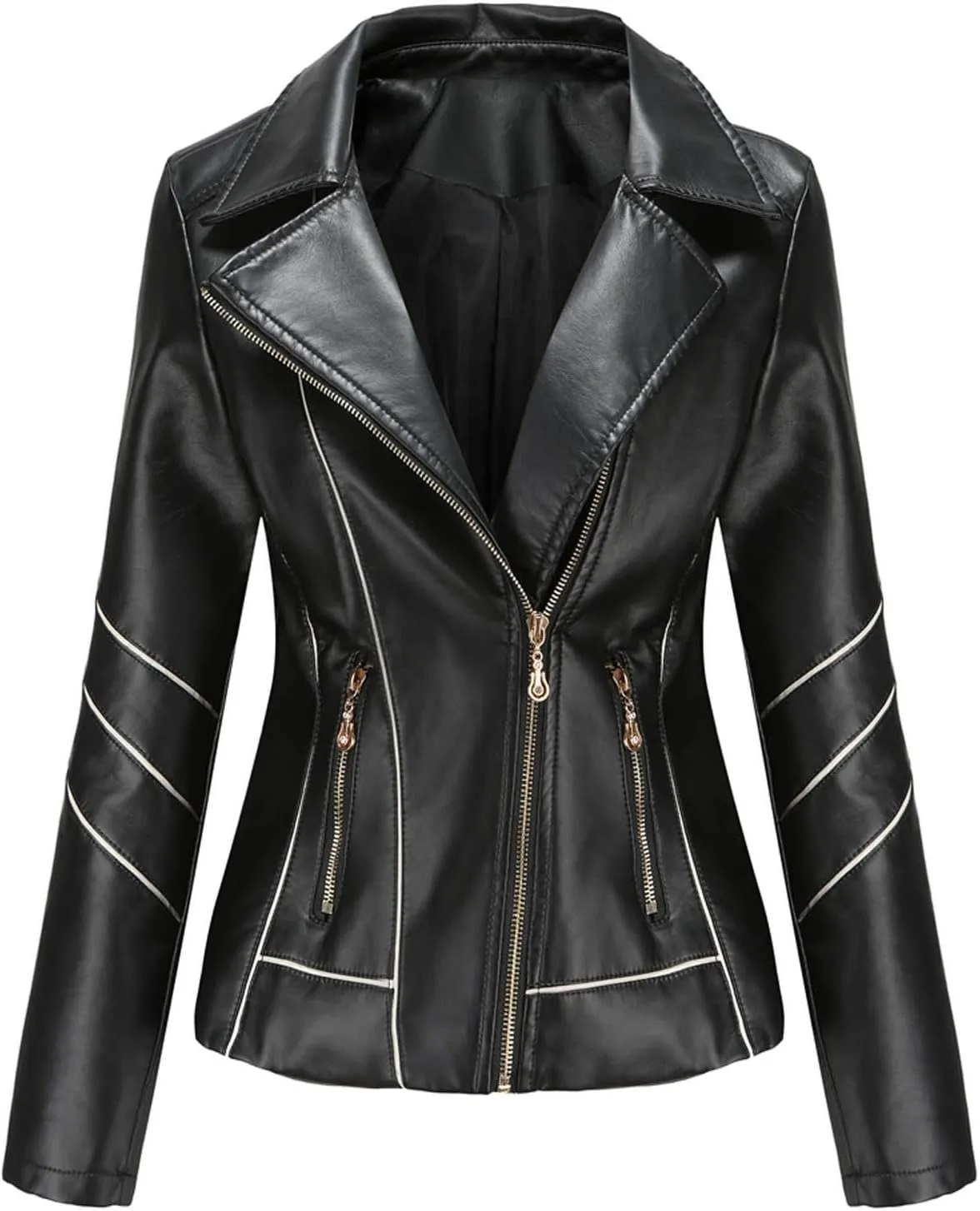 LCMTWX Womens Faux Leather Zip Up Moto Biker Jacket Long Sleeve Outwear Cool Slim Jacket Coat for Vacation Slim Lapel Women