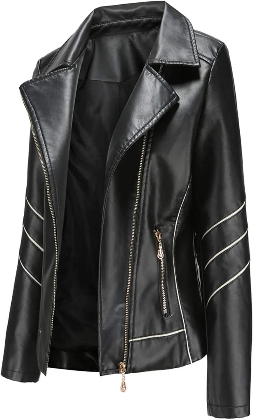 LCMTWX Womens Faux Leather Zip Up Moto Biker Jacket Long Sleeve Outwear Cool Slim Jacket Coat for Vacation Slim Lapel Women