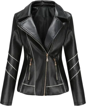 LCMTWX Womens Faux Leather Zip Up Moto Biker Jacket Long Sleeve Outwear Cool Slim Jacket Coat for Vacation Slim Lapel Women