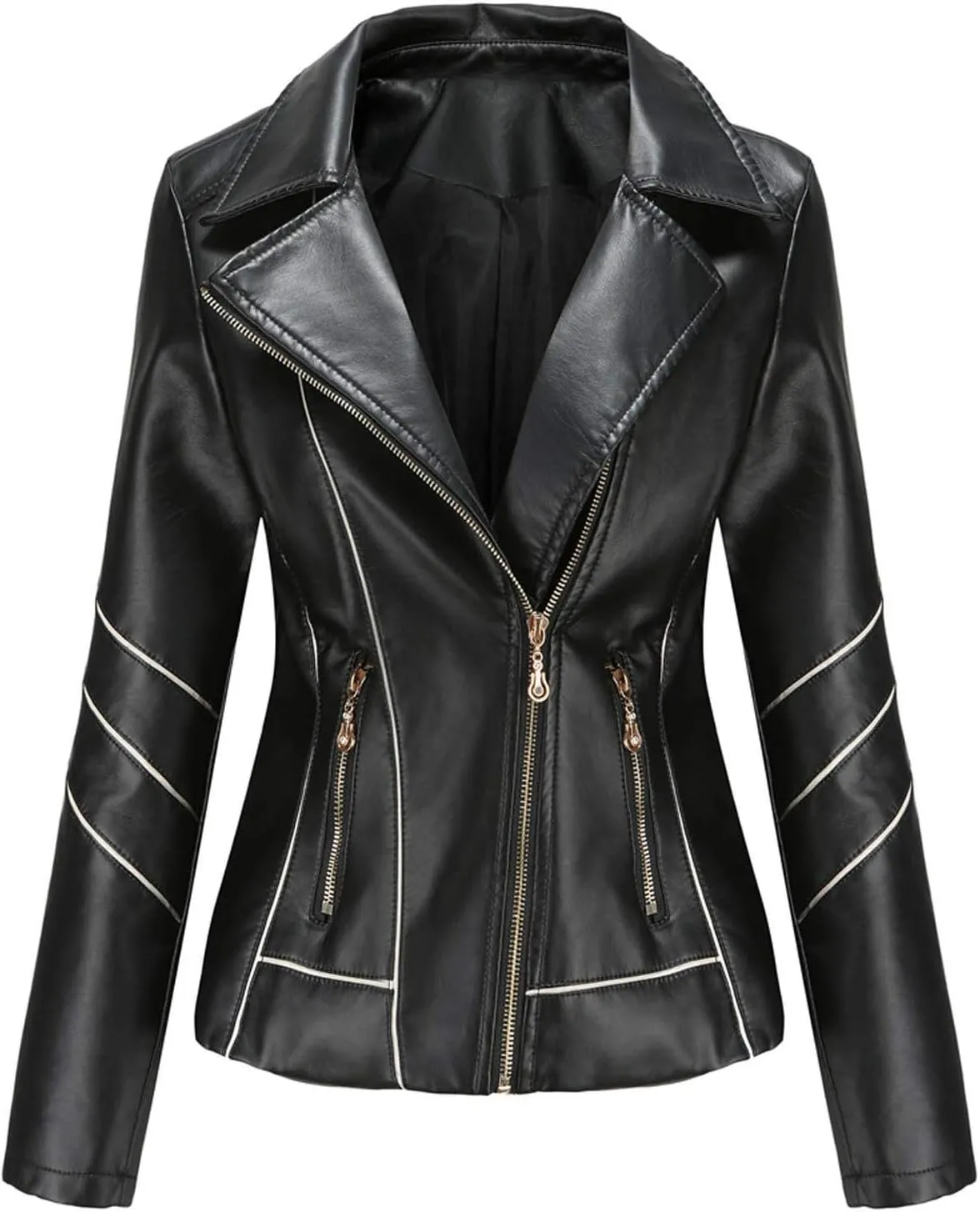 LCMTWX Womens Faux Leather Zip Up Moto Biker Jacket Long Sleeve Outwear Cool Slim Jacket Coat for Vacation Slim Lapel Women