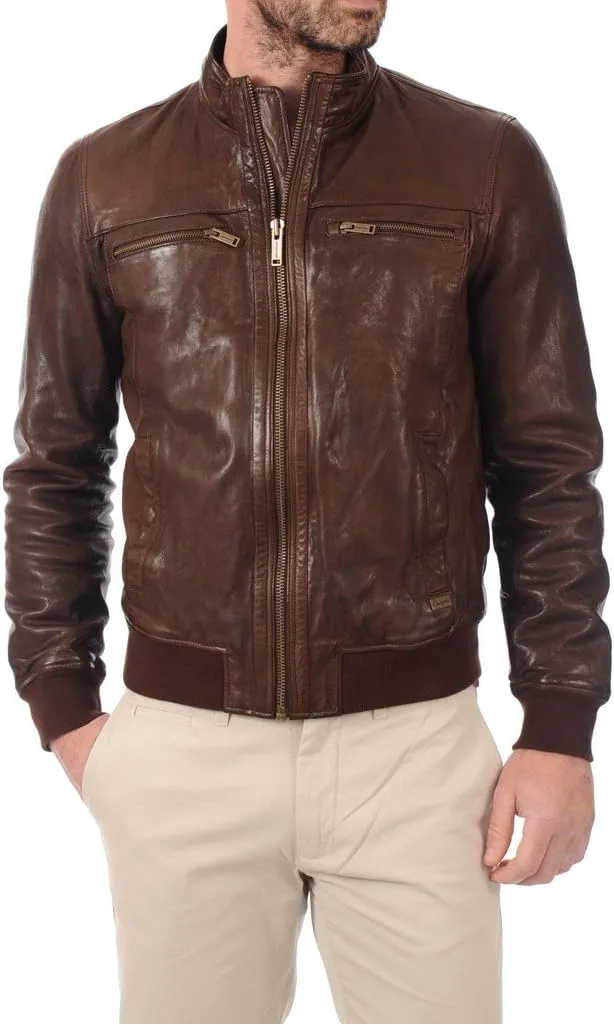 LEATHER FARM Men's Lambskin Leather Bomber Motercycle Jacket