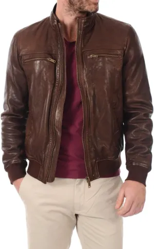LEATHER FARM Men's Lambskin Leather Bomber Motercycle Jacket