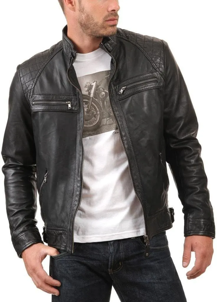 Leather Hub Men's Lambskin Leather Bomber Biker Leather Jacket XXL