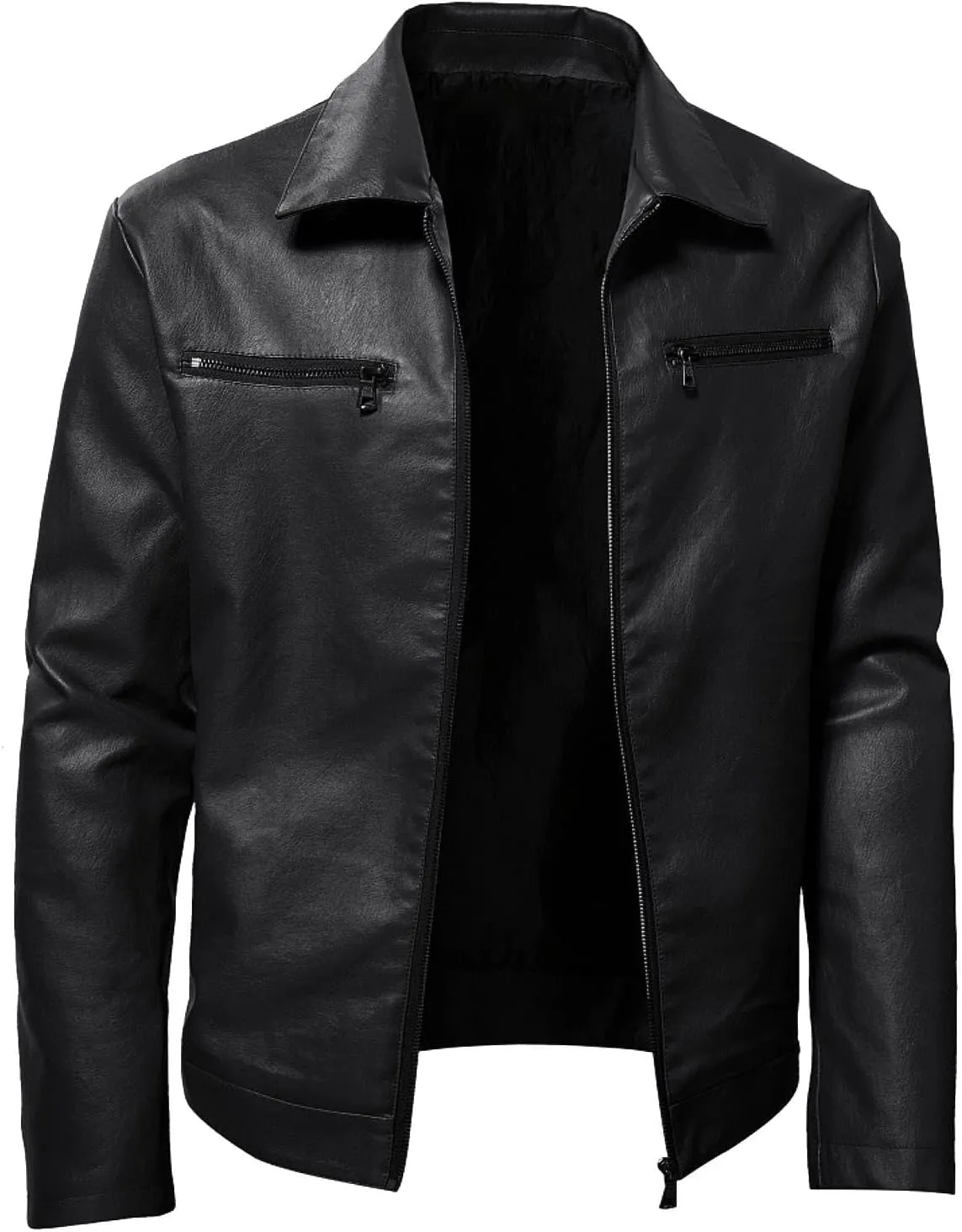 Leather Jacket for Men Solid Color Zip PU Leather Jacket Short Lapel Motorcycle Leather Men's Cotton Lightweight