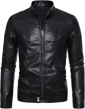 Leather Jacket for Men Solid Color Zip PU Leather Jacket Short Lapel Motorcycle Leather Men's Cotton Lightweight