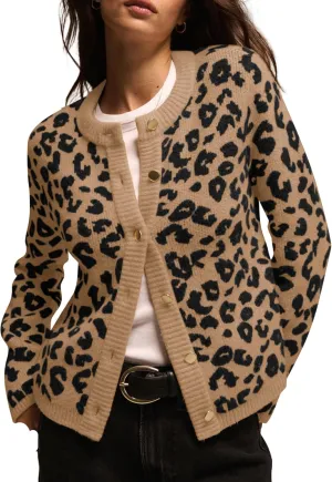 Leopard Cardigan Sweaters for Women Cheetah Print Open Front Button Down Long Sleeve Casual Knit Outwear Coats