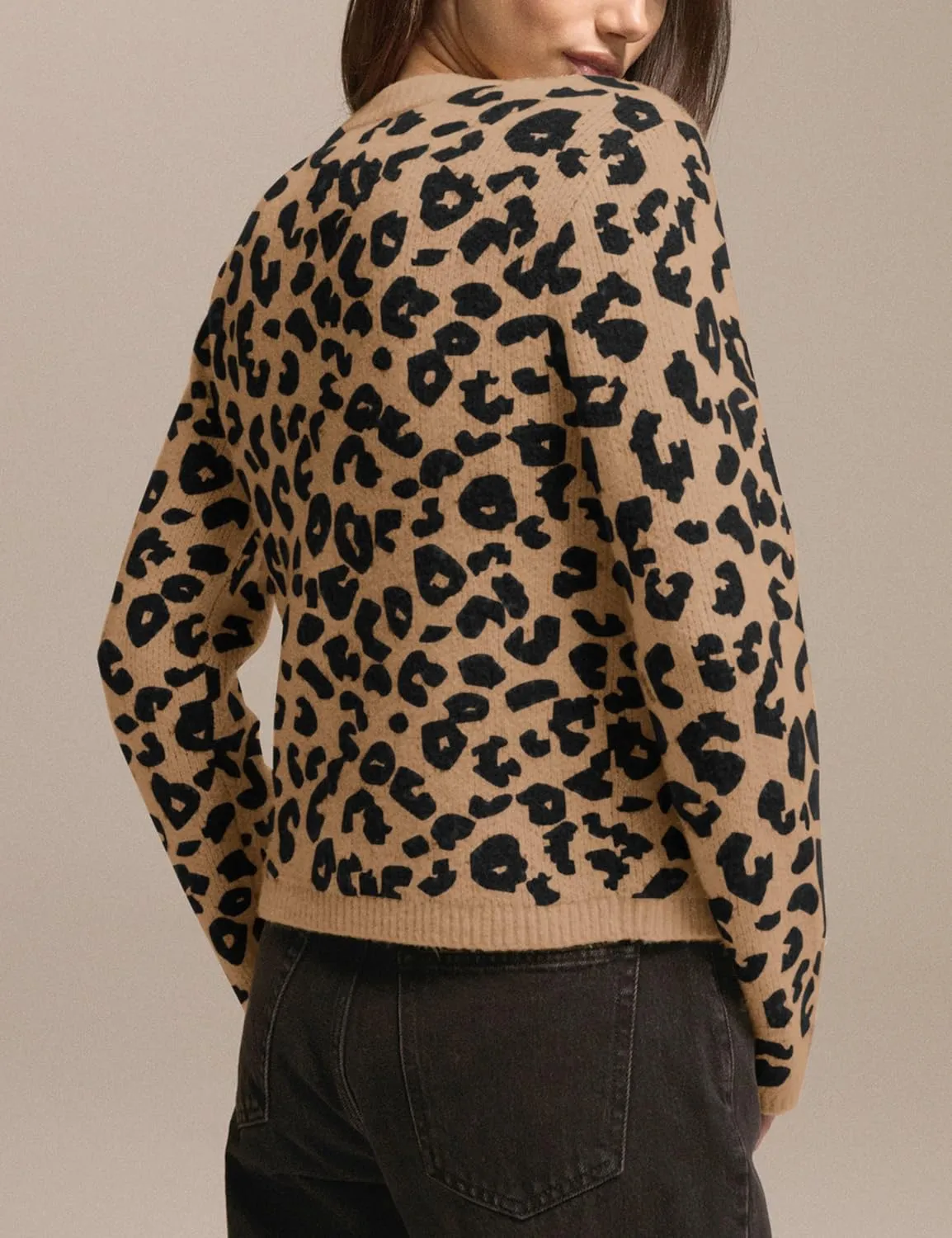 Leopard Cardigan Sweaters for Women Cheetah Print Open Front Button Down Long Sleeve Casual Knit Outwear Coats