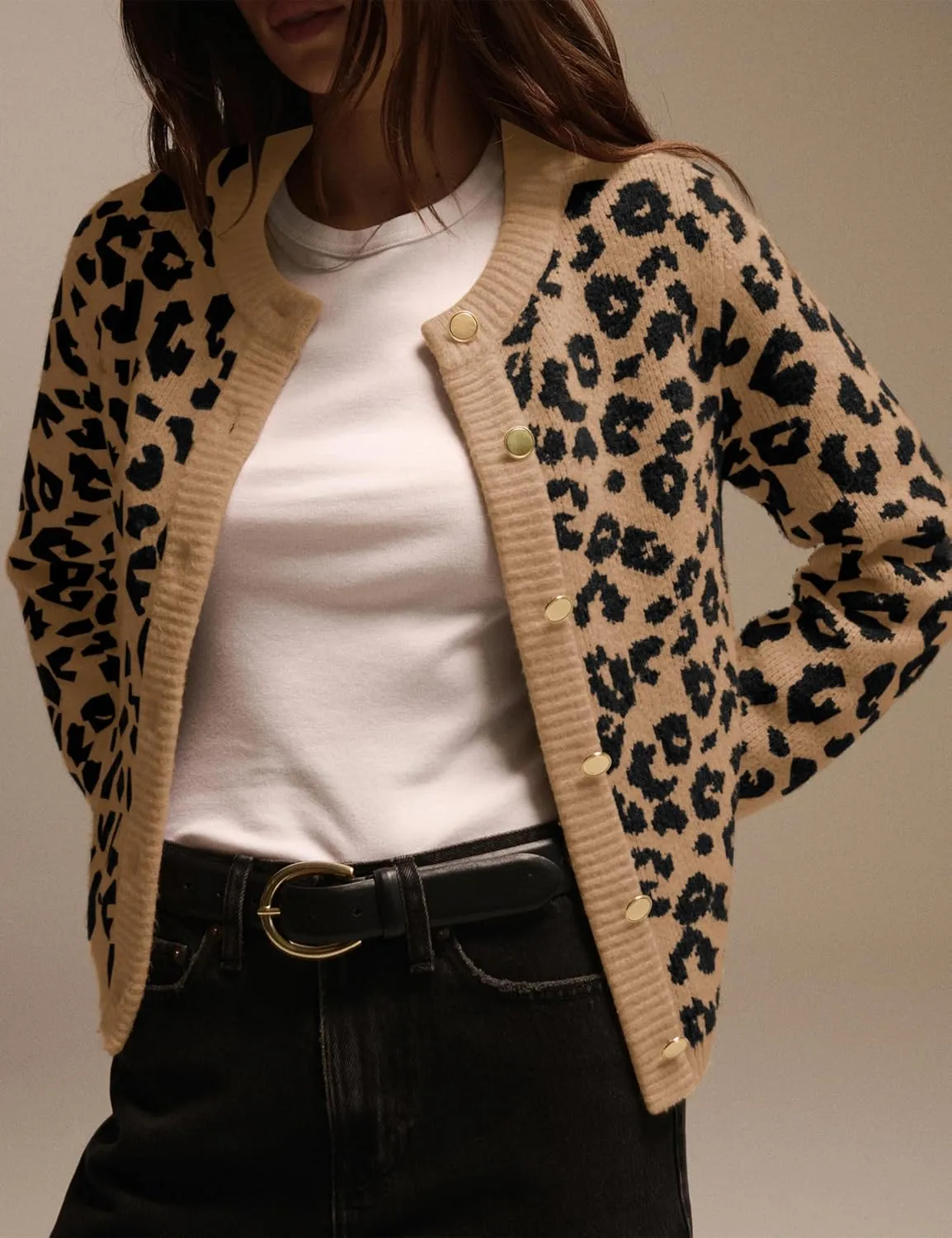 Leopard Cardigan Sweaters for Women Cheetah Print Open Front Button Down Long Sleeve Casual Knit Outwear Coats