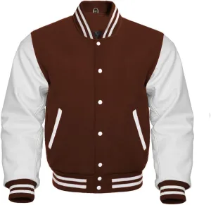 Letterman Baseball School College Varsity Jacket In Brown Wool & White Cowhide Leather Sleeves