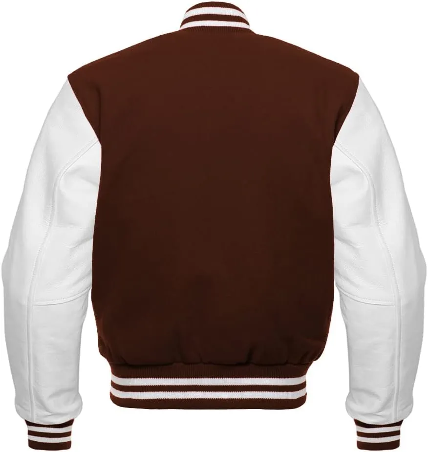 Letterman Baseball School College Varsity Jacket In Brown Wool & White Cowhide Leather Sleeves