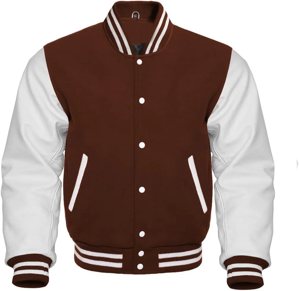Letterman Baseball School College Varsity Jacket In Brown Wool & White Cowhide Leather Sleeves
