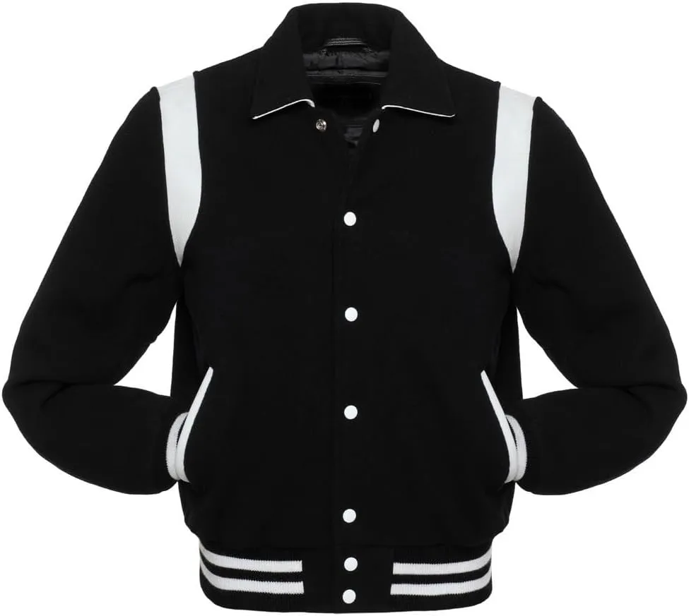Letterman Varsity Jackets Retro Varsity Letterman Jackets Erect Collar Wool Blend Body Cowhide Leather Shoulder Strip