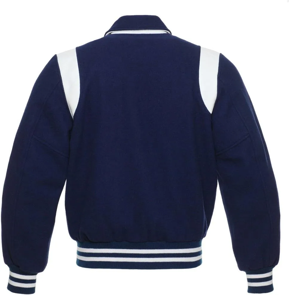 Letterman Varsity Jackets Retro Varsity Letterman Jackets Erect Collar Wool Blend Body Cowhide Leather Shoulder Strip