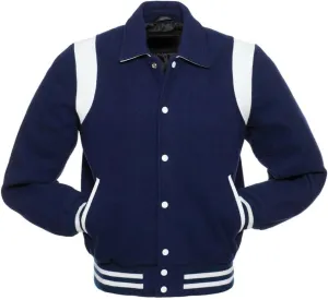 Letterman Varsity Jackets Retro Varsity Letterman Jackets Erect Collar Wool Blend Body Cowhide Leather Shoulder Strip