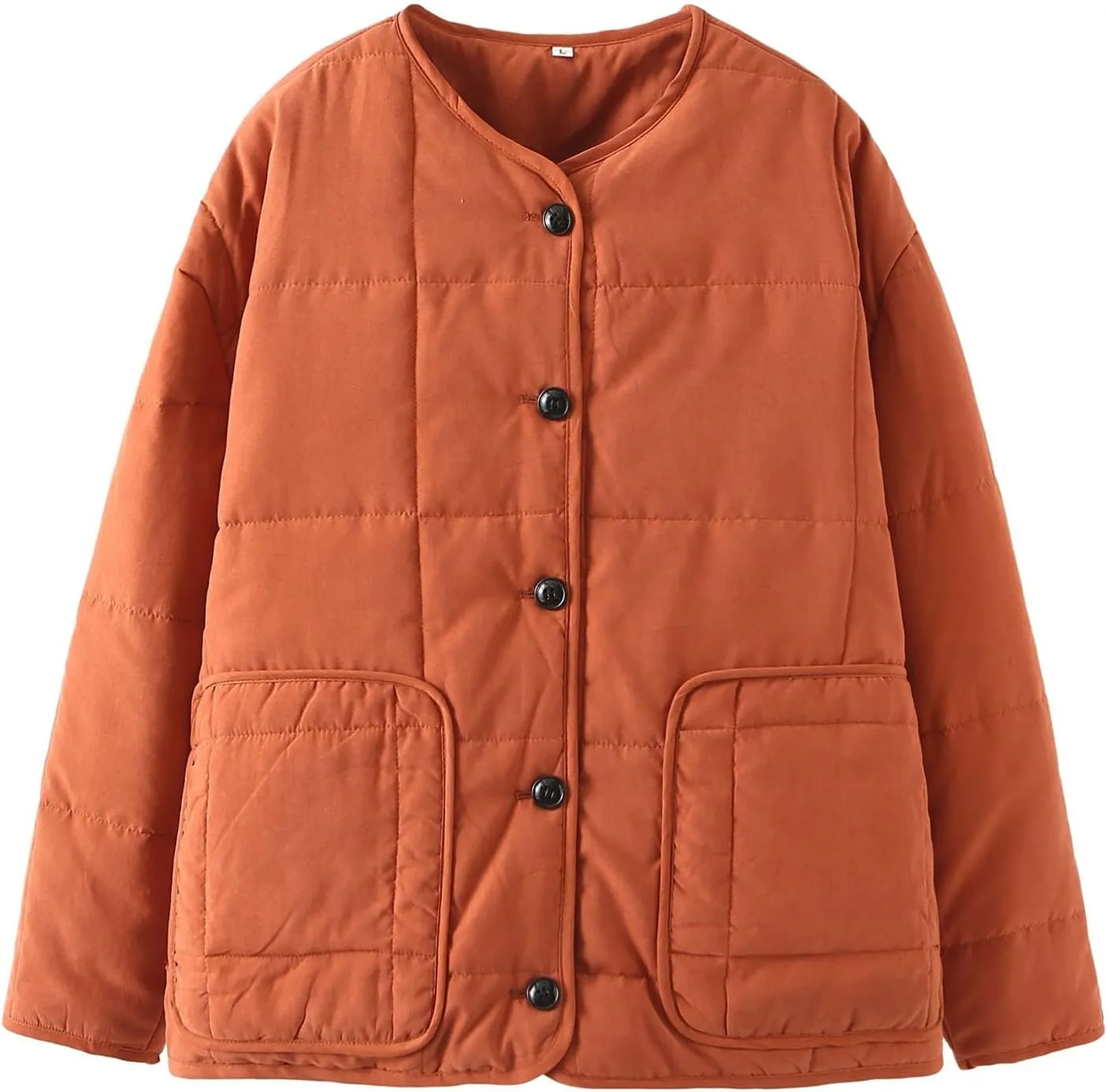 Lightweight Plus Size Puffer Jacket for Women Solid Button Down Round Neck Down Coats Outwear with Pockets