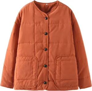 Lightweight Plus Size Puffer Jacket for Women Solid Button Down Round Neck Down Coats Outwear with Pockets