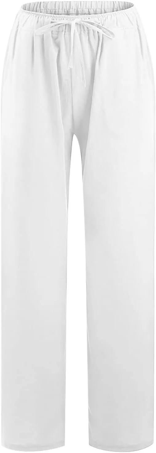 Linen Pants for Women Summer Drawstring Pockets Wide Leg Loose Casual Cotton Linen Palazzo Pants Clothes Casual