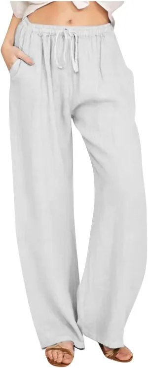 Linen Pants for Women Summer Drawstring Pockets Wide Leg Loose Casual Cotton Linen Palazzo Pants Clothes Casual